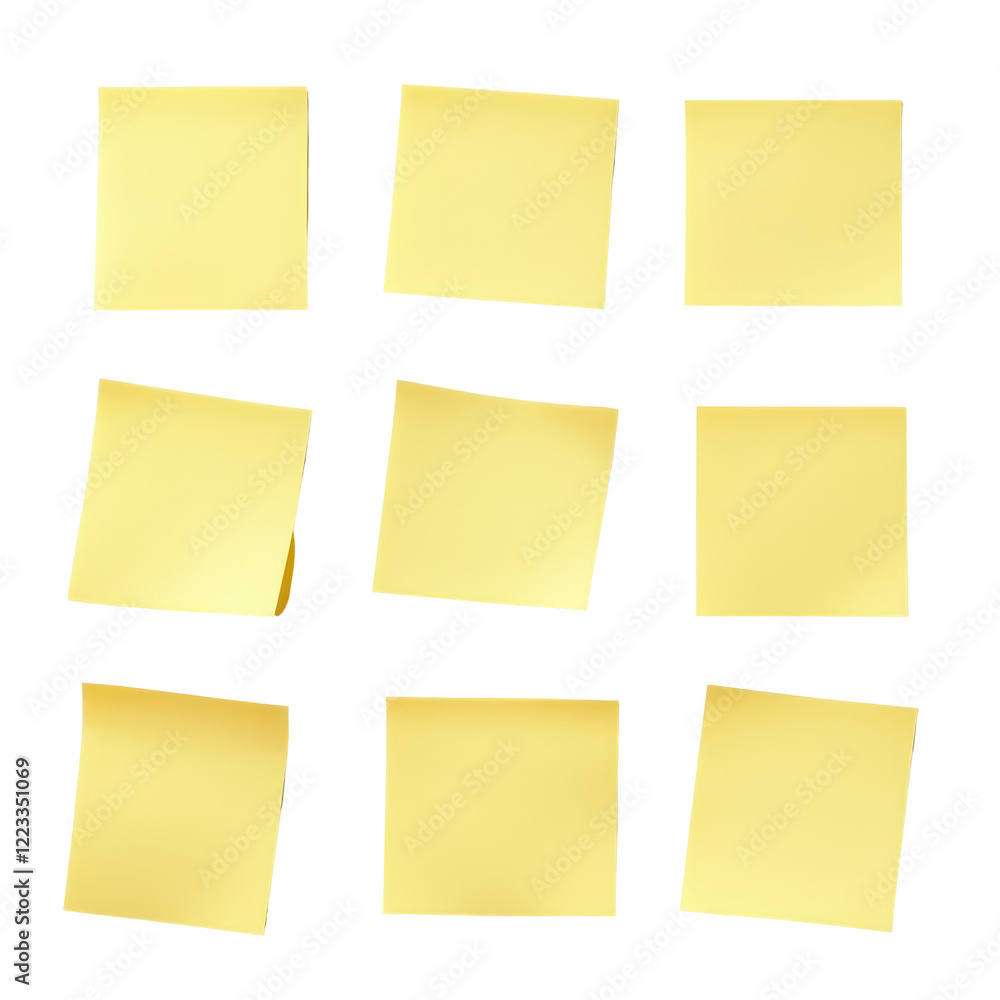 Aufkleber nine yellow sticky notes arranged on a transparent background for notes and reminders, yellow sticky