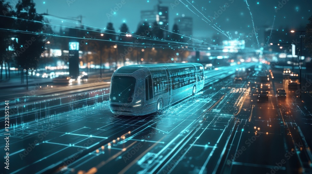 Poster hologram of an electric self driving bus moving on a dedicated lane in a smart city with futuristic 