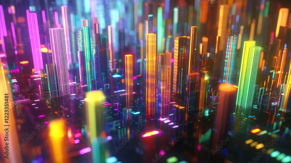 Poster Futuristic digital data visualization with colorful bar charts and graphs showcasing financial analytics and market trends in a modern city environment