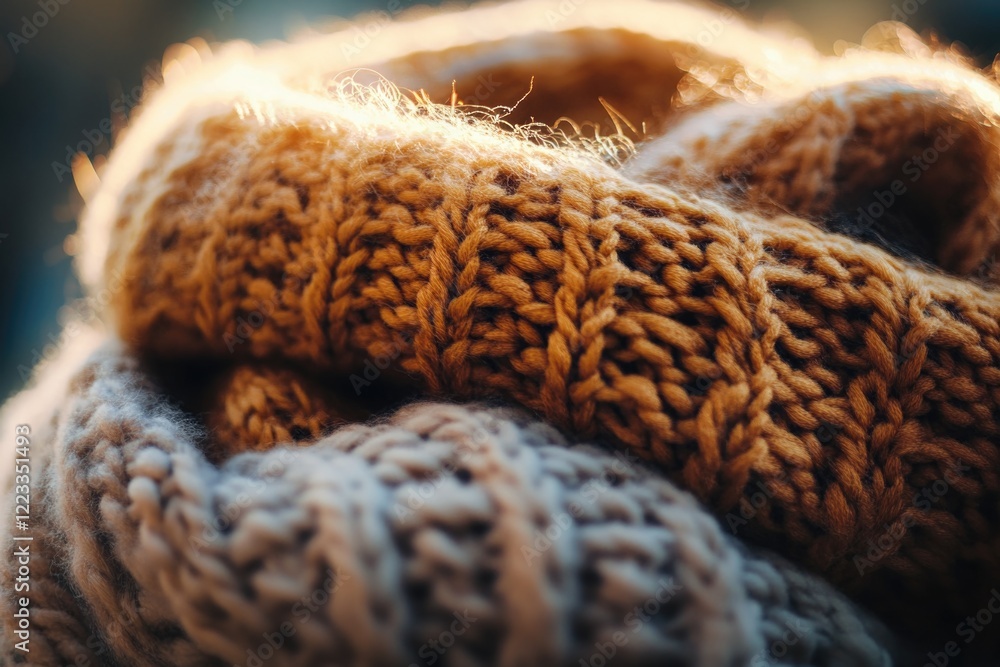 Poster a close-up view of a hand-knitted scarf with intricate patterns and textures