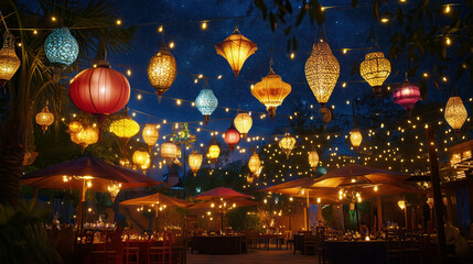 Obraz premium Vibrant outdoor evening with colorful lanterns