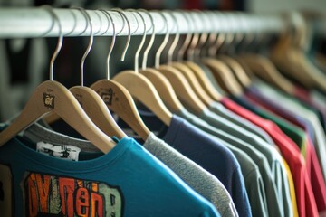 Fototapeta premium Hanging clothing rack with various colored shirts