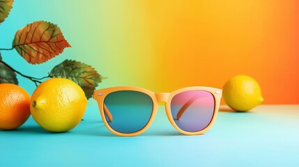 Stylish sunglasses with fresh lemons on a vibrant summer background