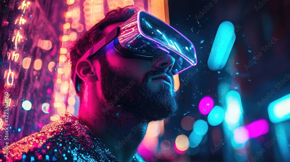 Aufkleber futuristic person wearing virtual reality headset in neon-lit environment with glowing lights and ab