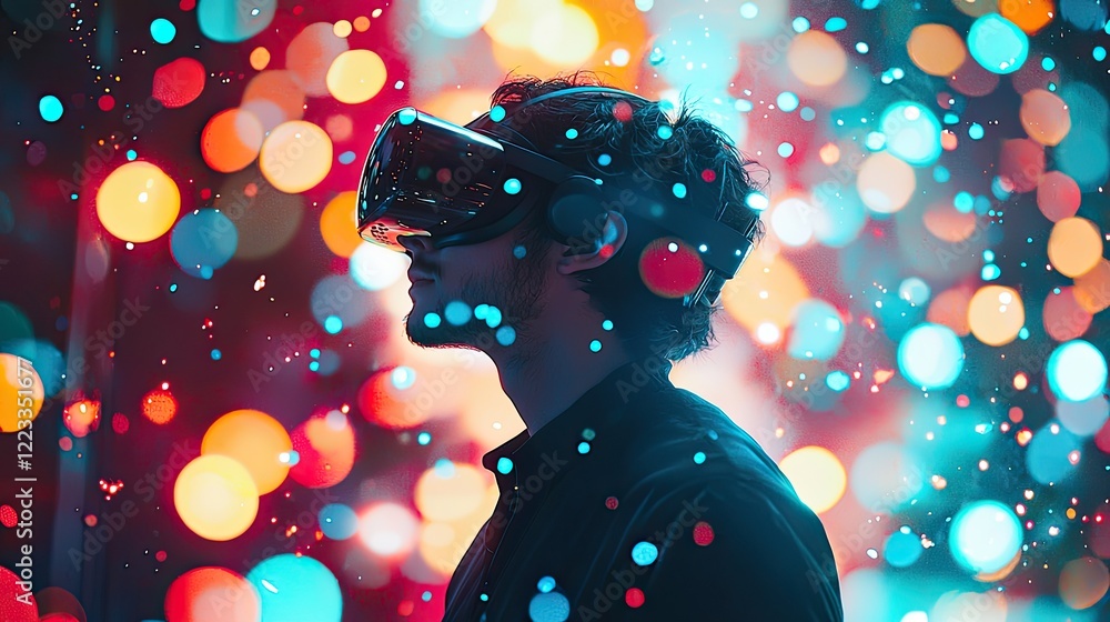 Aufkleber futuristic person wearing virtual reality headset in neon-lit environment with glowing lights and ab