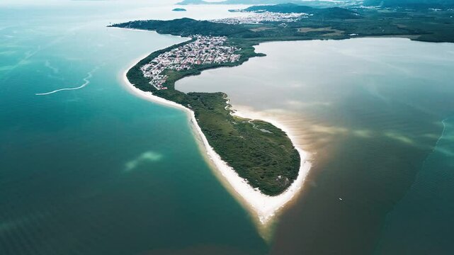 Aerial view of the sandy beach named Daniela located on the north of Santa Catarina island, Florianopolis, Brazil