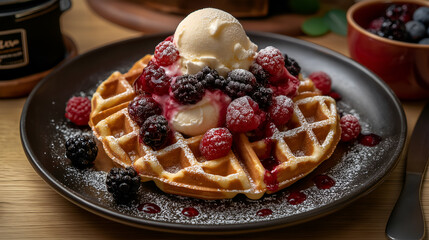 Traditional Belgian waffles with ice cream and berry fruits, homemade healthy breakfast