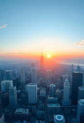 Fototapeta premium Panorama aerial view in the cityscape skyline and network connection concept, early morning sunrise scene, one line art, with white tones