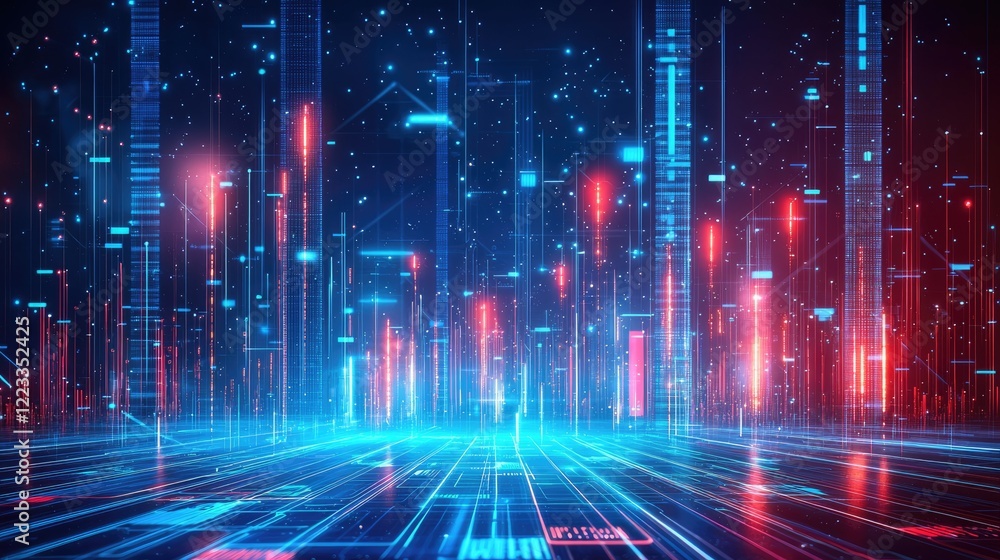 Aufkleber Futuristic Digital Abstract Background with Glowing Blue and Red Lines, Circuit Patterns, and Data Visualizations for Technology Concepts and Design Projects
