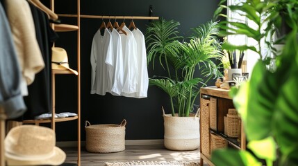 Contemporary wardrobe with clothes and plants in a minimalist setting