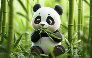 Realistic 3D icon cartoon panda eating bamboo in a serene bamboo forest