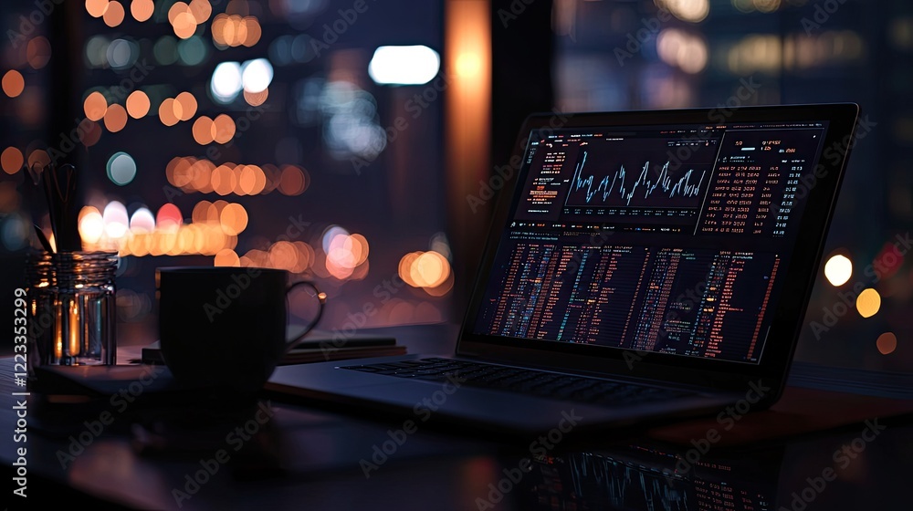 Poster modern workspace with laptop displaying financial data and analytics on screen in dim ambient light 