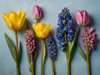 Colorful Floral Arrangement Featuring Tulips and Hyacinths on a Blue Background