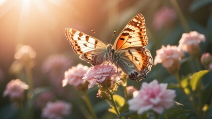 Fototapeta premium A delicate butterfly with light blue wings rests on a cluster of small white flowers,