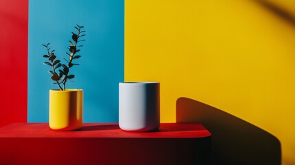 Colorful minimalist decor with geometric vases on a vibrant background