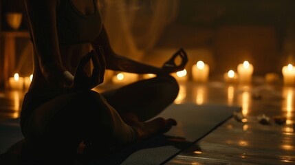 Female practicing yoga meditation in candlelit room for relaxation and mindfulness