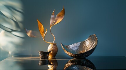 Minimalist decor with gold leaves and a textured bowl