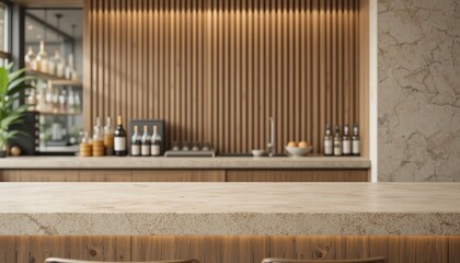 Modern Bar Countertop Mockup Beige Marble Texture Empty Space Wooden Background Minimalist Interior Design Restaurant Cafe Bar Product Placement      