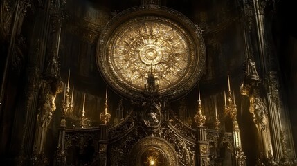 Obraz premium Ornate Golden Altarpiece In A Dark Cathedral