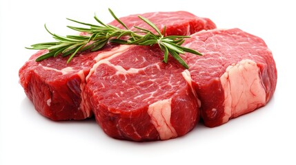 Fresh Cut Beef Steak with Green Rosemary Herb on White Background