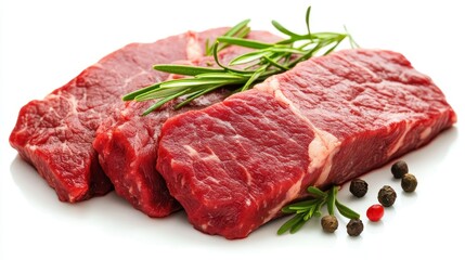 Fresh Raw Beef Cuts with Rosemary and Pepper on White Background