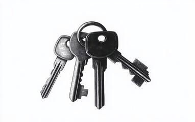 A monochrome vector illustration of a set of keys with large, round keychains, each key featuring different shapes (e.g., old-fashioned skeleton key, house key)