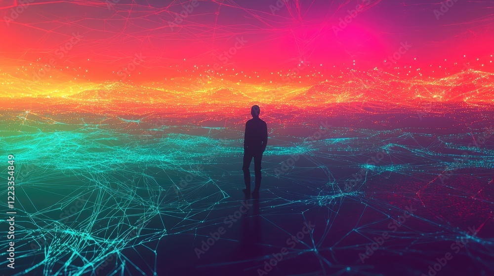 Poster futuristic digital landscape with a silhouette of a person standing against a glowing map and networ