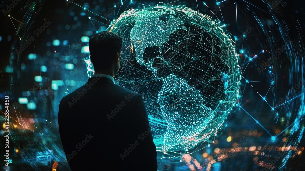 Poster Man in Suit Staring at Digital Globe Surrounded by Data Connections and Network Nodes Representing Global Connectivity and Technology Advancement