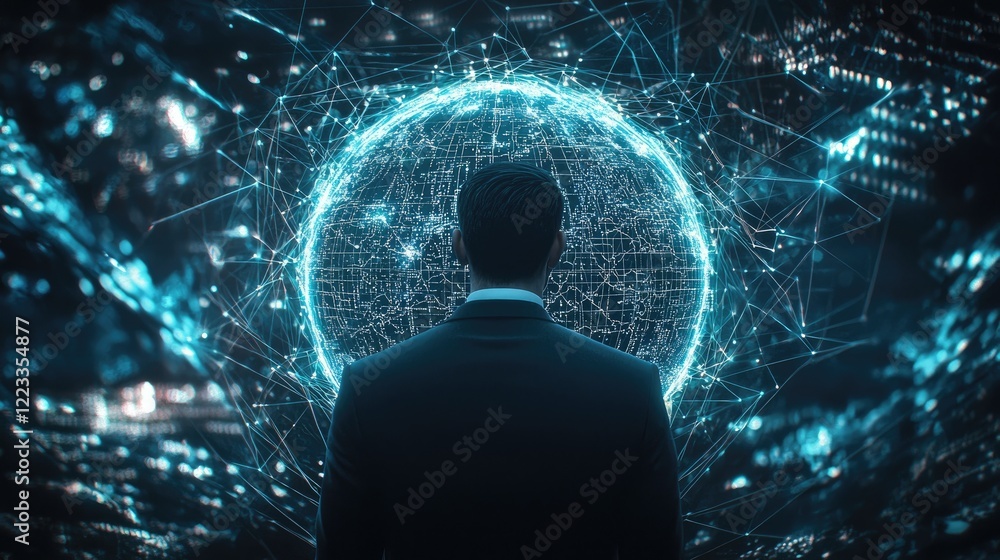 Poster Man in Suit Staring at Digital Globe Surrounded by Data Connections and Network Nodes Representing Global Connectivity and Technology Advancement