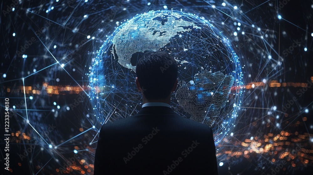 Poster Man in Suit Staring at Digital Globe Surrounded by Data Connections and Network Nodes Representing Global Connectivity and Technology Advancement