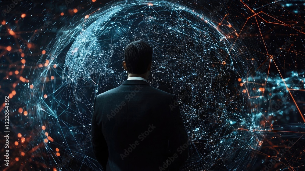Poster Man in Suit Staring at Digital Globe Surrounded by Data Connections and Network Nodes Representing Global Connectivity and Technology Advancement