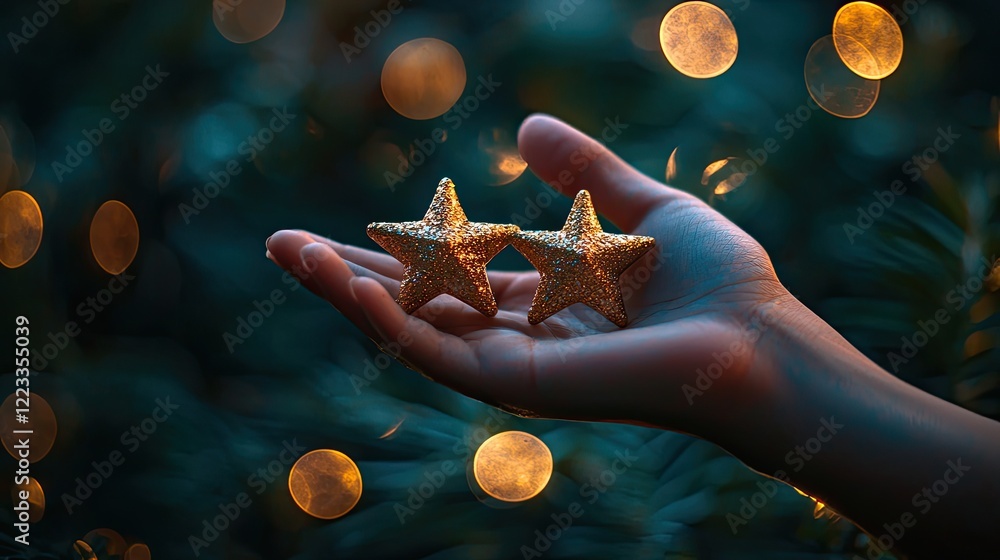 Poster Hand Holding Three Golden Stars Against a Blurry Background with Soft Light and Bokeh Effect for Dreamy and Magical Themes