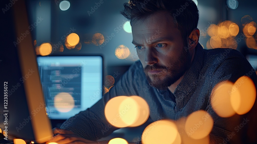 Fototapete Focused male programmer working late at night on computer coding in modern office environment with bokeh lights and blurred technology background
