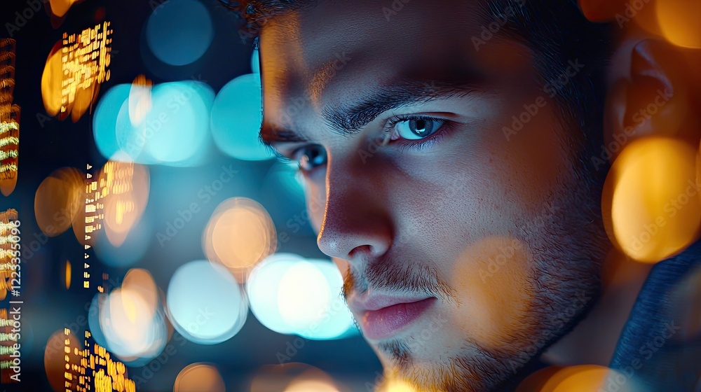 Fototapete Focused male programmer working late at night on computer coding in modern office environment with bokeh lights and blurred technology background