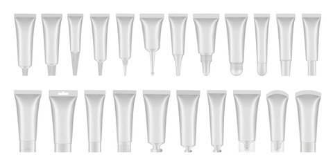 Large set of 22 white cosmetic tubes. Closed blank tubes with caps. Realistic mockup. Long nozzle tube for ointment or salve. Gel serum. Korean packaging. Lip gloss. Toothpaste. Hand cream