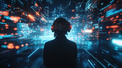 Person Wearing Virtual Reality Headset Surrounded by Abstract Digital Graphics and Futuristic Data Visualizations in a Tech-Inspired Setting