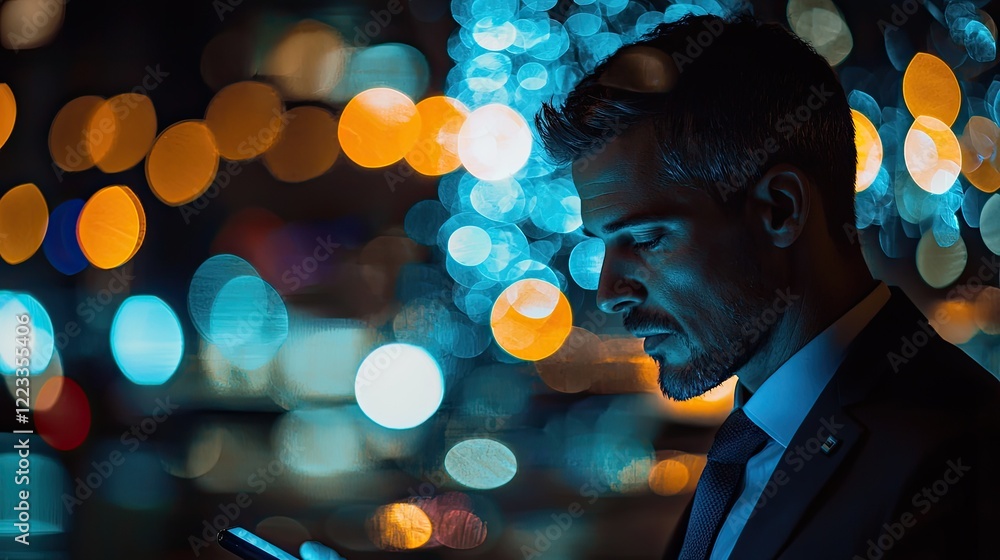 Aufkleber Businessman in Formal Attire Using Smartphone While Analyzing Data in Modern Digital Environment with Bright Bokeh Lights and Blue Tones