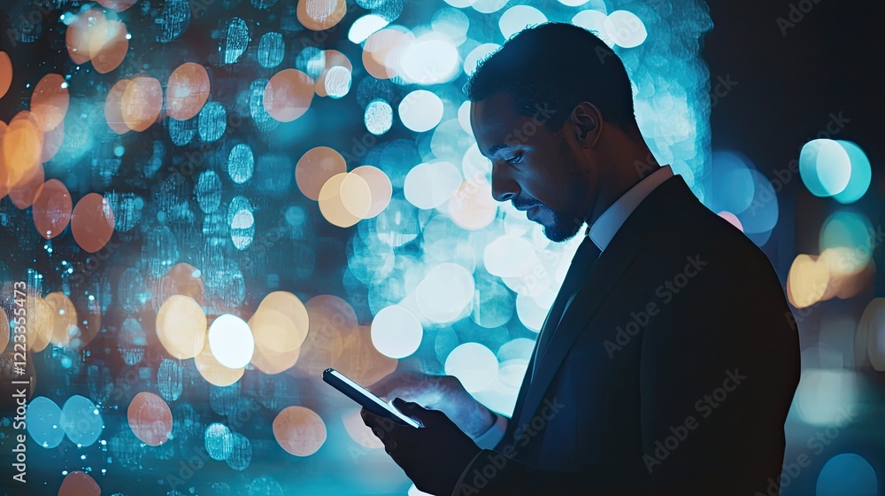 Leinwandbilder businessman in formal attire using smartphone while analyzing data in modern digital environment wit