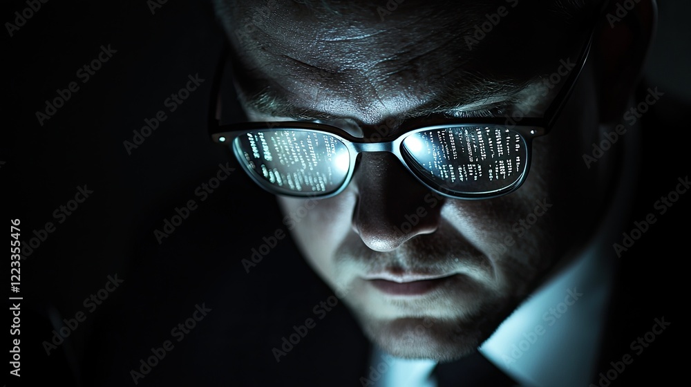 Poster Focused businessman wearing glasses with reflections of digital data on lenses while using smartphone in a dark environment