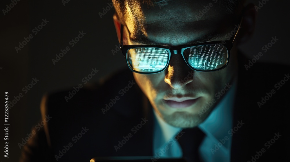 Poster Focused businessman wearing glasses with reflections of digital data on lenses while using smartphone in a dark environment