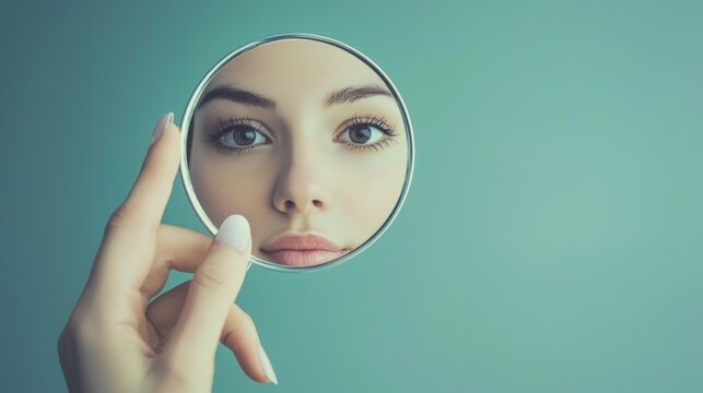Woman holding circular mirror reflecting her face on pastel background