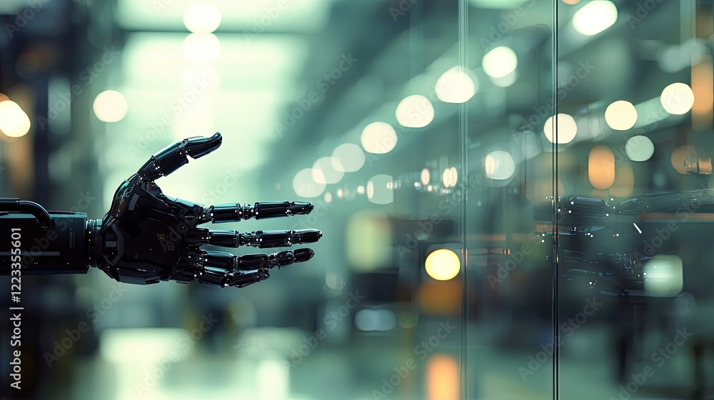 Poster Positive Gesture of Approval in Industrial Setting with Out of Focus Background and Robotic Arms in Motion Capturing Workplace Satisfaction and Innovation