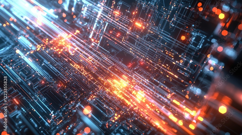 Poster futuristic industrial landscape with glowing infrastructure and digital network connections in a hig