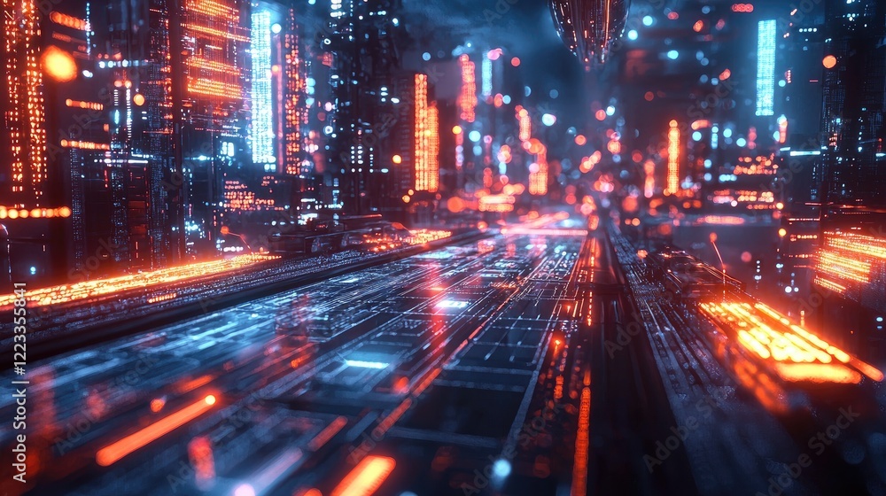 Poster futuristic industrial landscape with glowing infrastructure and digital network connections in a hig