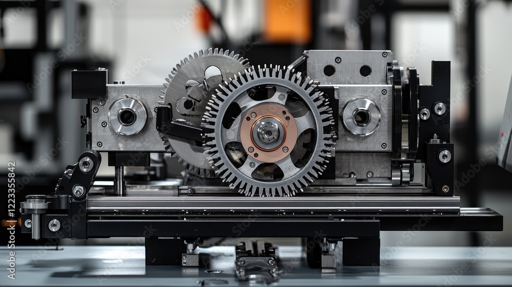 Poster industrial machinery with precision gears and cogs in a modern manufacturing facility with soft natu