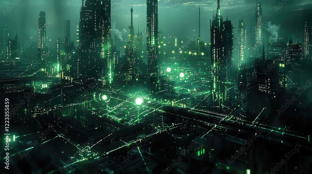 Poster futuristic industrial landscape with glowing infrastructure and digital network connections in a hig