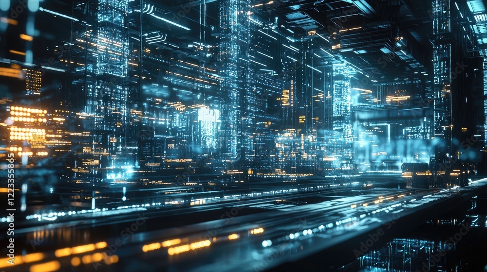 Poster futuristic industrial landscape with glowing infrastructure and digital network connections in a hig