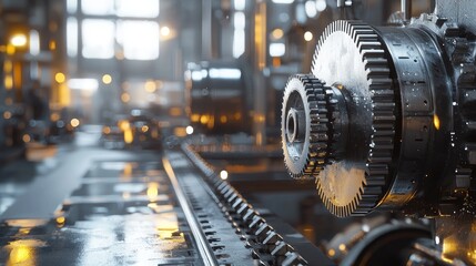 Fototapeta premium Industrial Machinery with Precision Gears and Cogs in a Modern Manufacturing Facility with Soft Natural Light and Bokeh Effect