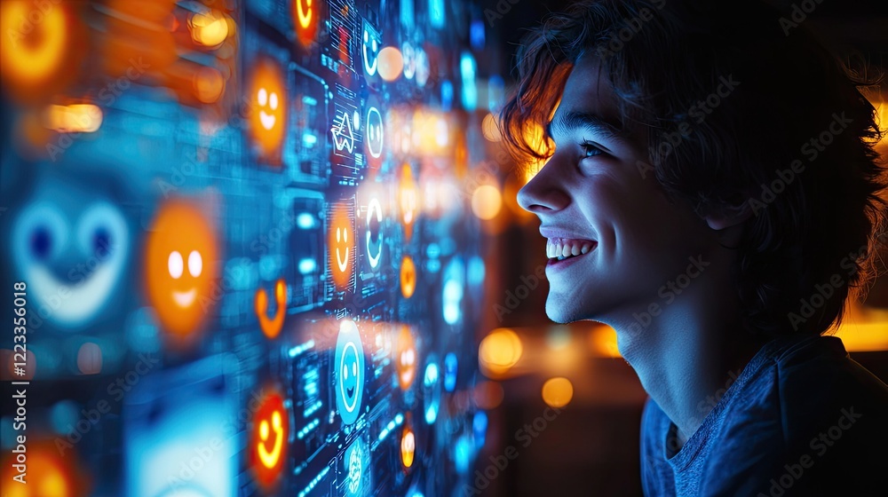 Aufkleber a joyful young man engages with a glowing digital interface showcasing emoticons, highlighting the f