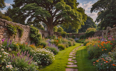 Obraz premium A garden path with a tree in the middle and a wall on the side. The flowers are in full bloom and the path is lined with grass
